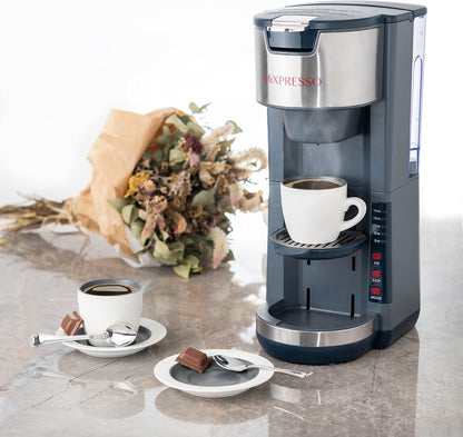 Mixpresso Gray Single Serve Coffee Brewer K-Cup Pods Compatible & Ground, 30 oz Compact Coffee Maker Single Serve With 5 Brew Sizes Up To 14 Oz, Fits Travel Mug, Adjustable Drip Tray