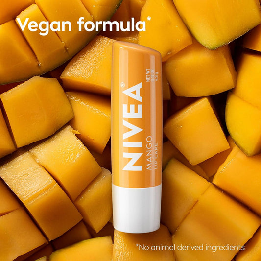 NIVEA Mango Lip Care, Vegan Lip Balm Pakkie met Karitebotter, Voedende Olies en Vitamien C & E, 3-in-1 Hydreer, Herstel en Beskerm, 0.17 Oz Stokkie, Pakkie van 4