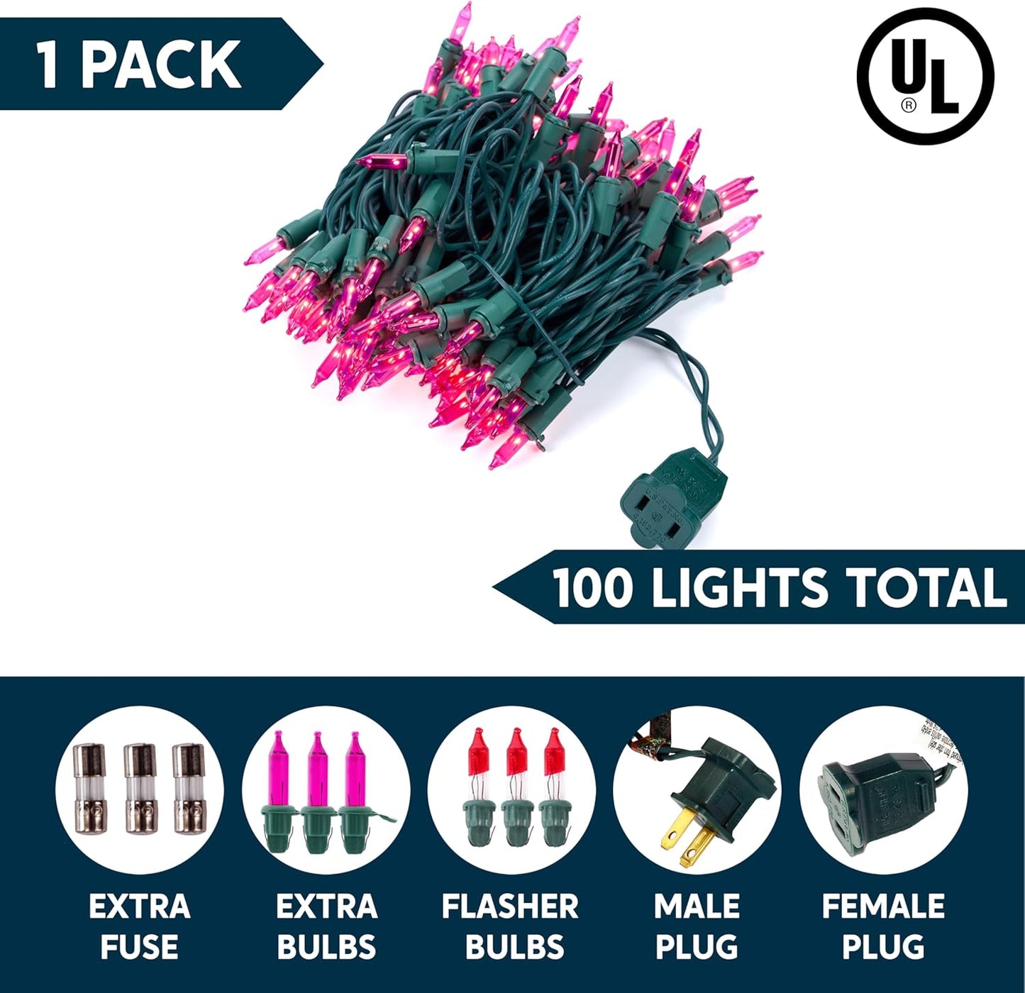 Pienk Kersfees-stringliggies, 100 liggies/6,5 m feëtjiestryk-prop in-versiering - Groen Draad