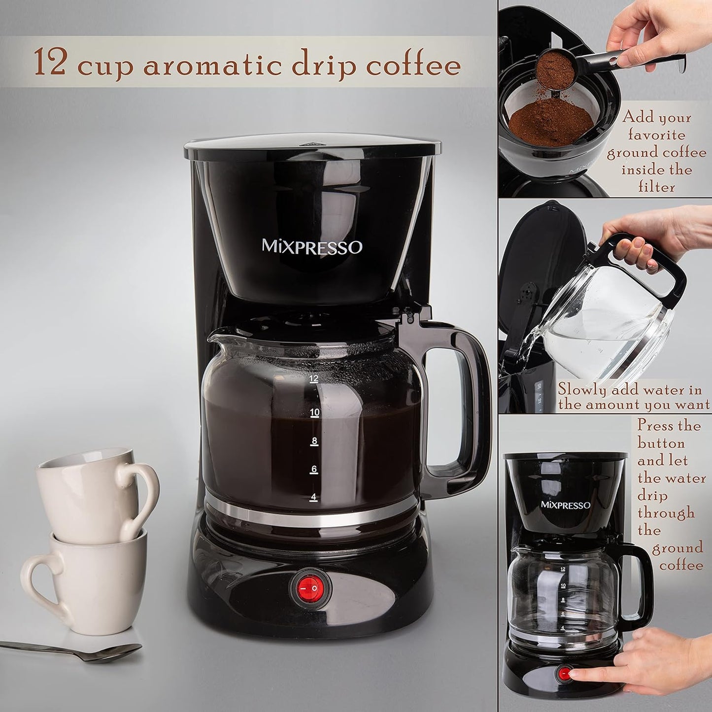 Mixpresso 12 Koppie Koffiepot, Outo-afskakeling en Herbruikbare Filter, Groot Drupkoffiemaker 12 Koppie Borosilikaatglas Karaf, Anti-Drup Koffiemasjien Waterpeilvenster, Swart Elektriese Koffiemaker