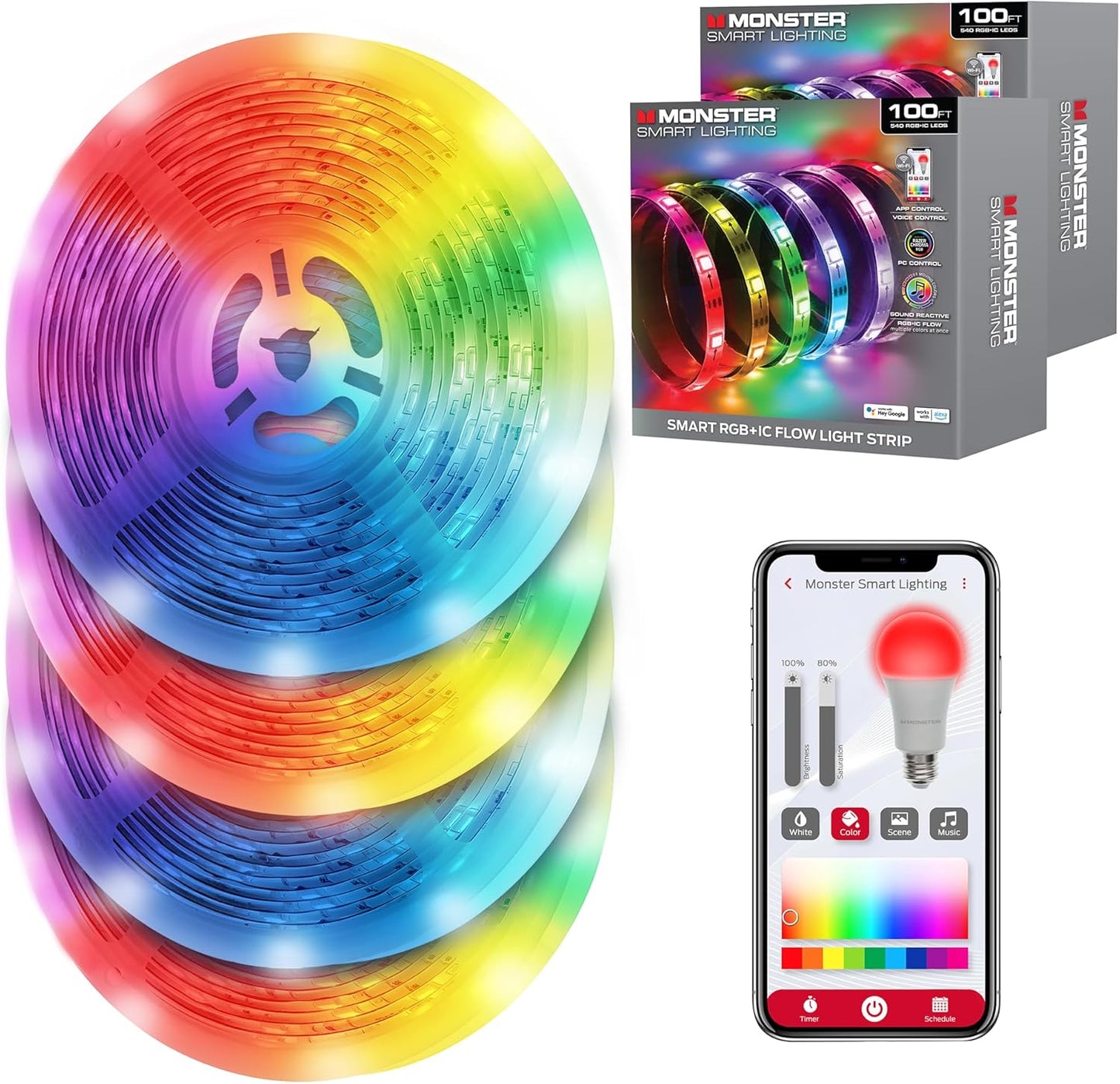 Monster Smart RGB+IC LED Strip Lights 200ft – Sound Reactive Strip Lights for Bedroom, App & Voice Control, RGB Light Strip for Room, Alexa Google Home, Razer Chroma Sync - 1080 RGB+IC LED Lights