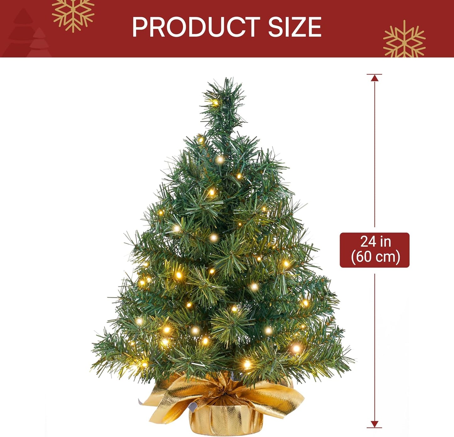 24"/2VT Klein Tafelblad Kersboom met LED Warm Liggieversierings Voorafverlig Kunsmatig