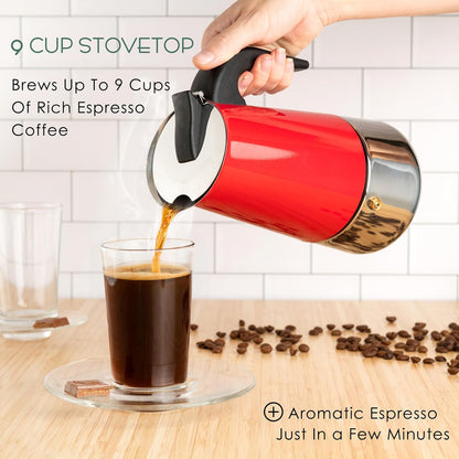 Mixpresso Rooi 9 Kophouer Greca Stoofplaat Espresso Pot 450ml/15oz, Moka Pot met Koffieperkolator-ontwerp, Vlekvrye Staal Stoofplaat Koffiemaker vir Kamp of Tuisgebruik, Italiaanse Stoofplaat Espressomaker