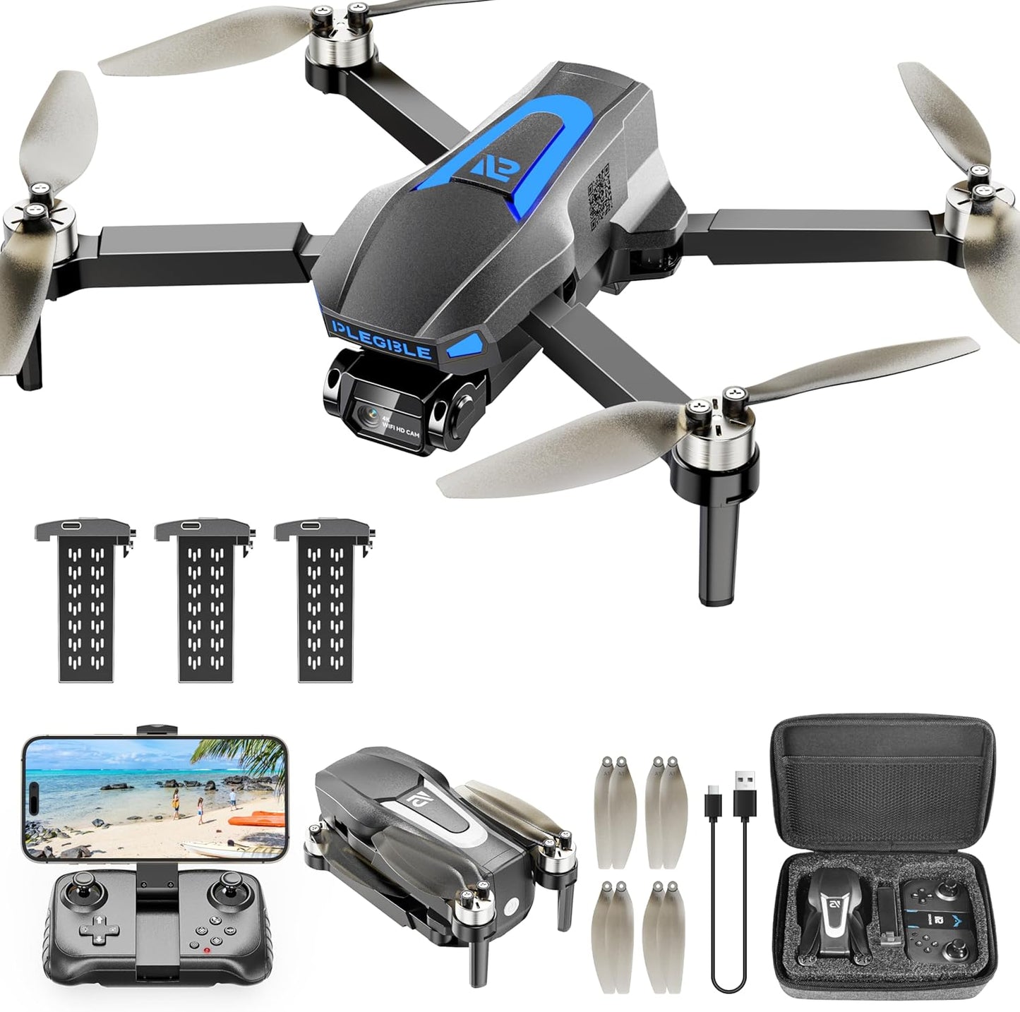 Drones w/ Camera 4K, Brushless Motor Drone for Beginners, FPV Foldable RC Quadcopter w/ 3 Batteries