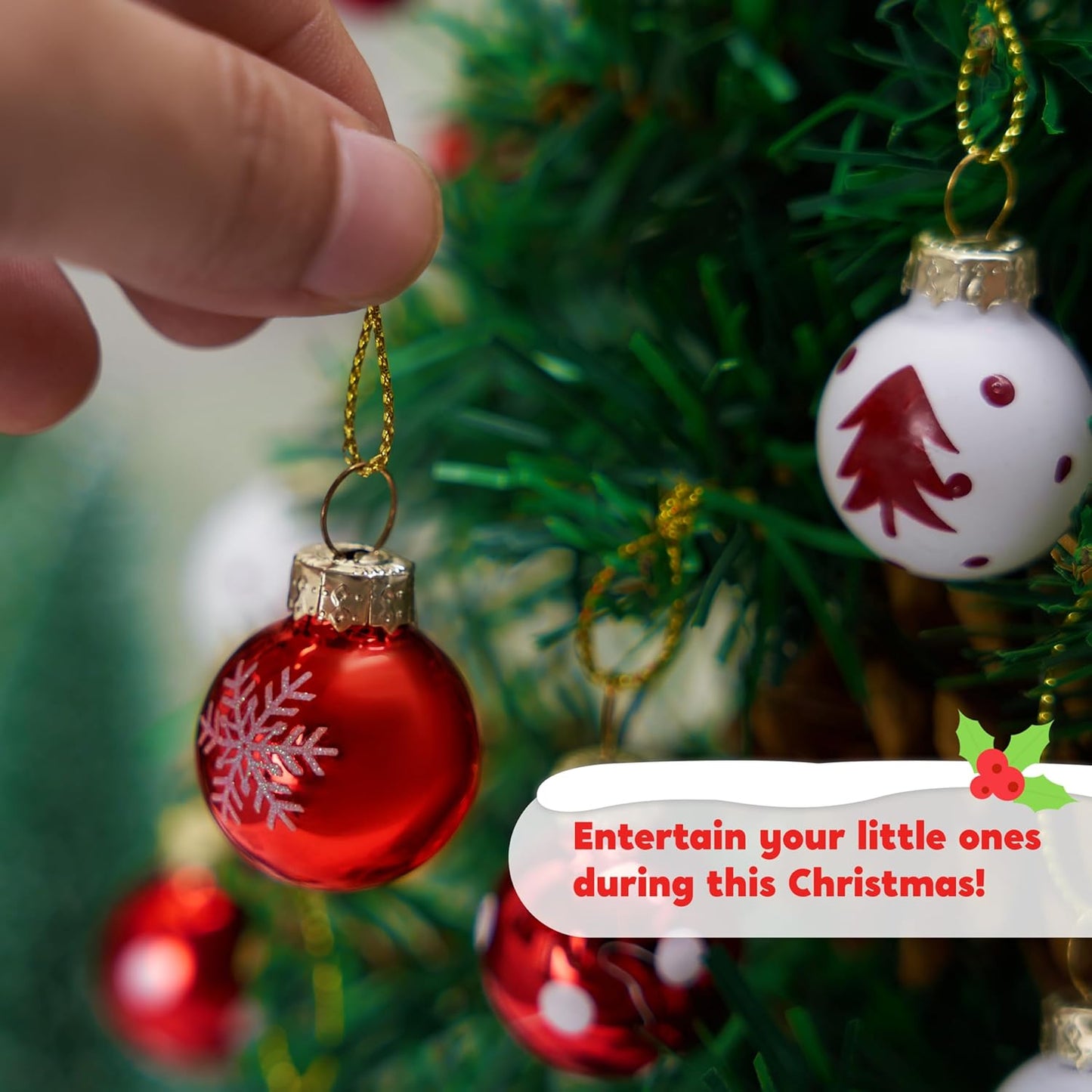 36 Stuks Kersfees Mini Bal Ornamentstel, Metaalglas Klein Balle met Glitters & Touhange - (Rooi & Wit)