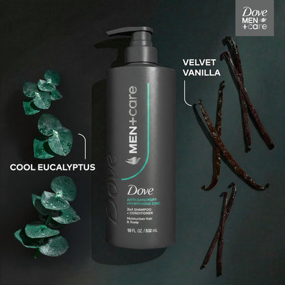 Dove Men+Care 2-in-1 Shampoo + Conditioner Dandruff Defense to Moisturize Hair & Scalp, with Pyrithione Zinc, 18 FL OZ (2 CT)