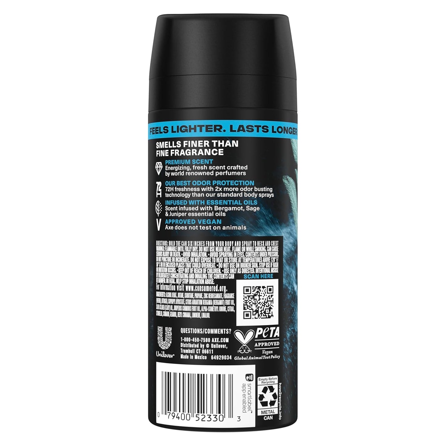 AXE Fine Fragrance Collection Body Spray Aqua Bergamot 72 Hour Freshness Aluminum Free - 2.9 oz (Pack of 3
