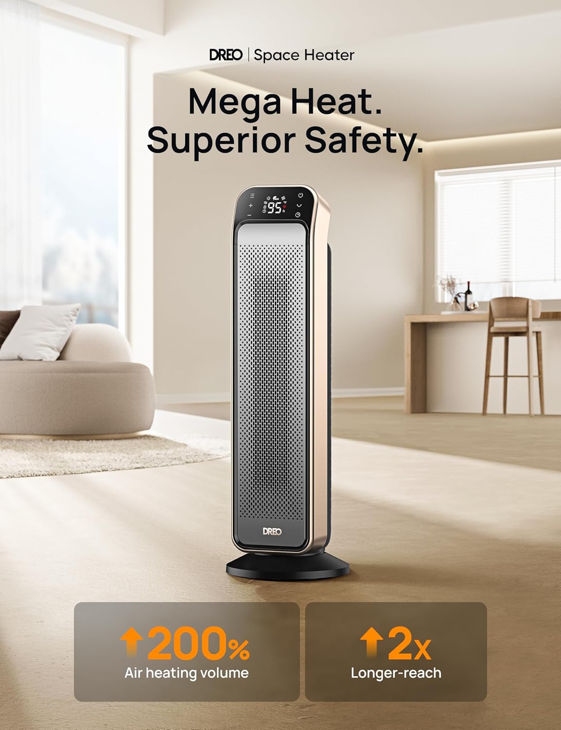 Verwarmer vir Binnenshuis, 25" 11.5vt/s Vinnig Draagbaar m/ Afstandbeheer en Teenbrandprop, 3 Modusse vir Binnenshuise Gebruik Groot Kamer - Goud