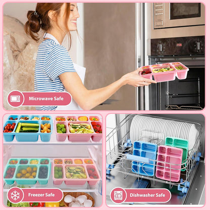 Freshmage Bento Box Middageteboks 3 Pak, 7-Vak Maaltydvoorbereidinghouers met Deksel, Herbruikbare Stapelbare Happiehouers vir Volwassenes, BPA-vry, Mikrogolf- en Skottelgoedwasser-veilig (3 Kleure)