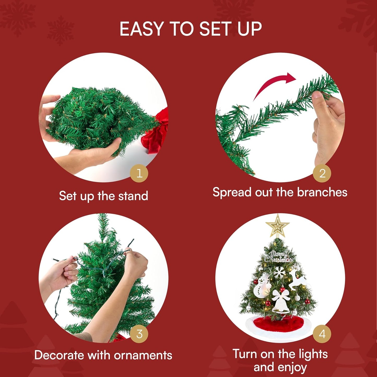 24"/2FT Small Christmas Tree w/ Lights Star Tree Top and Ornaments - Battery Operated Pre-lit