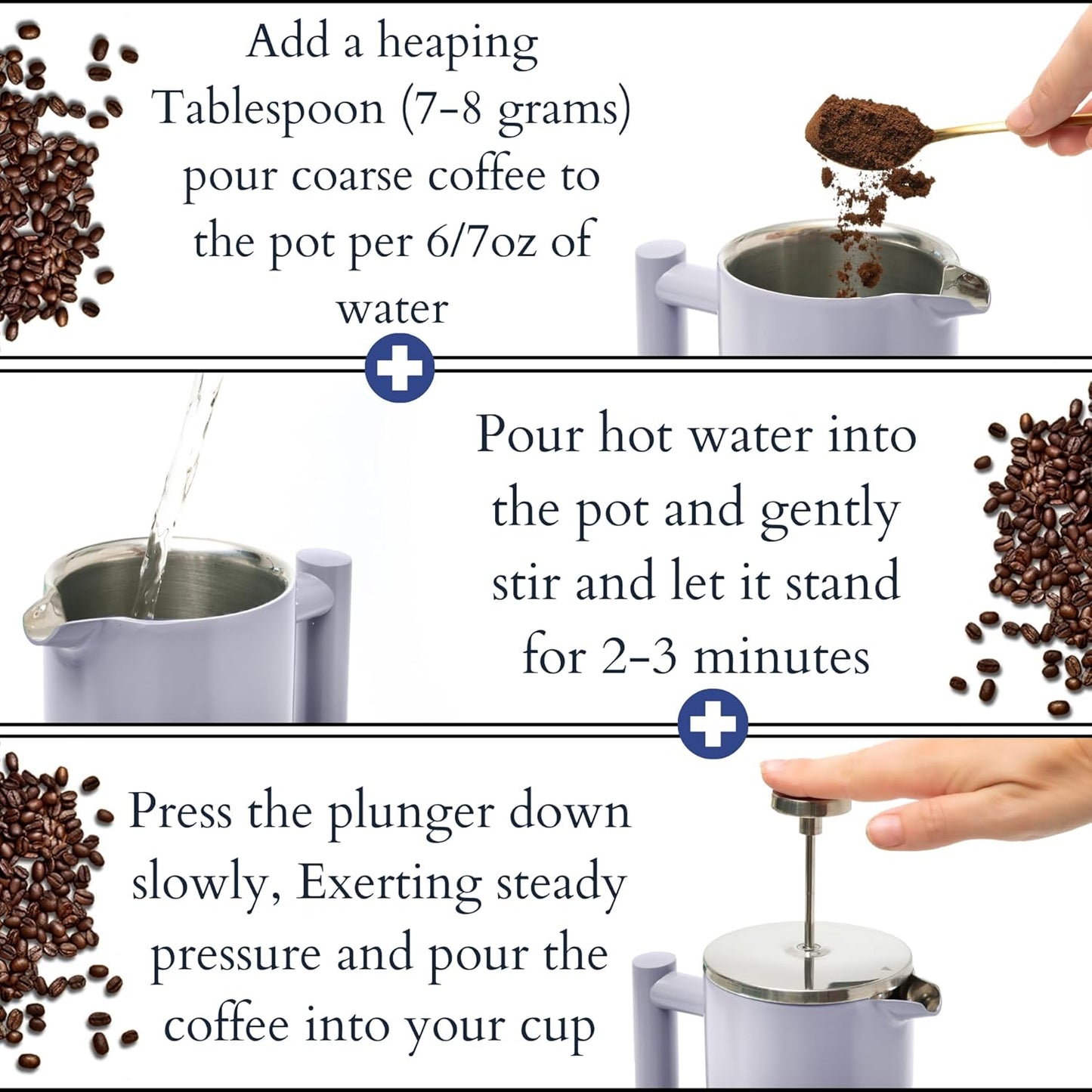Mixpresso Ligblou Vlekvrye Staal Franse Pers Koffiemaker 26 Oz 770 ml, Dubbelwand-geïsoleerde Franse Pers Vlekvrye Staal, Maklik Skoon Teebrouer, Maklike Druk Duursame Metaalkoffiepers