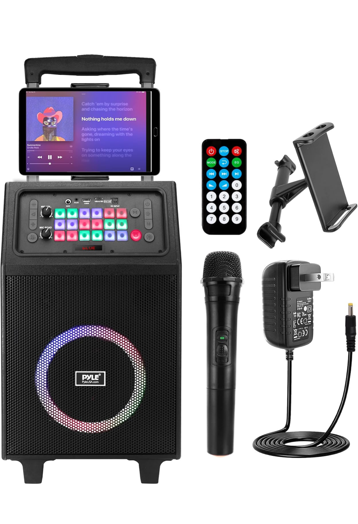 Portable Karaoke PA Speaker System - 600W 8” Rechargeable TWS, Party Lights, LED Display, FM/AUX/MP3/USB/SD, Wheels - Wireless Mic, Remote Control, Tablet Holder Included