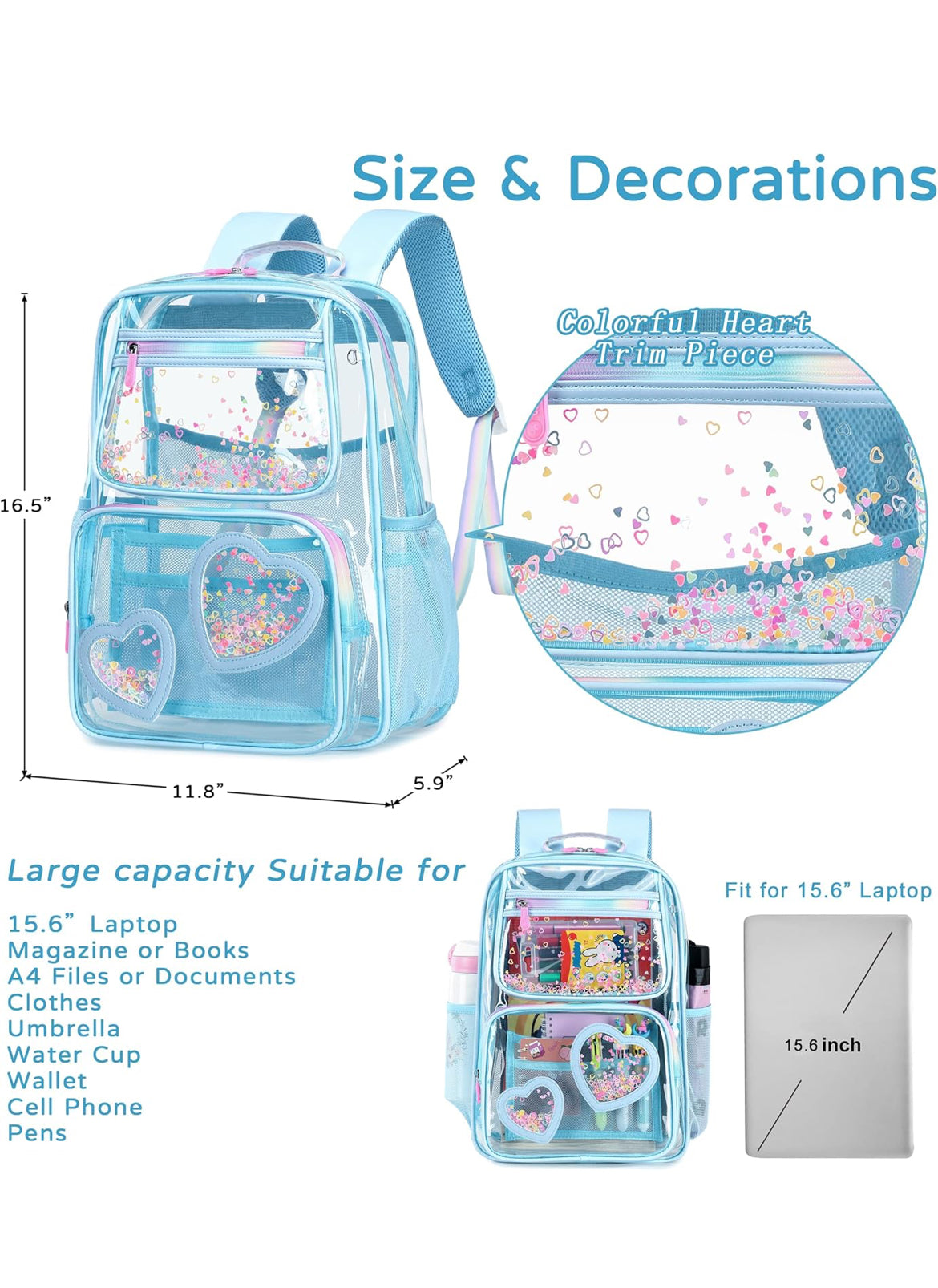 Clear Backpack for Girls Women Transparent Kids Elementary College School Bag Travel Laptop Backpacks Large Bookbags (Blue)