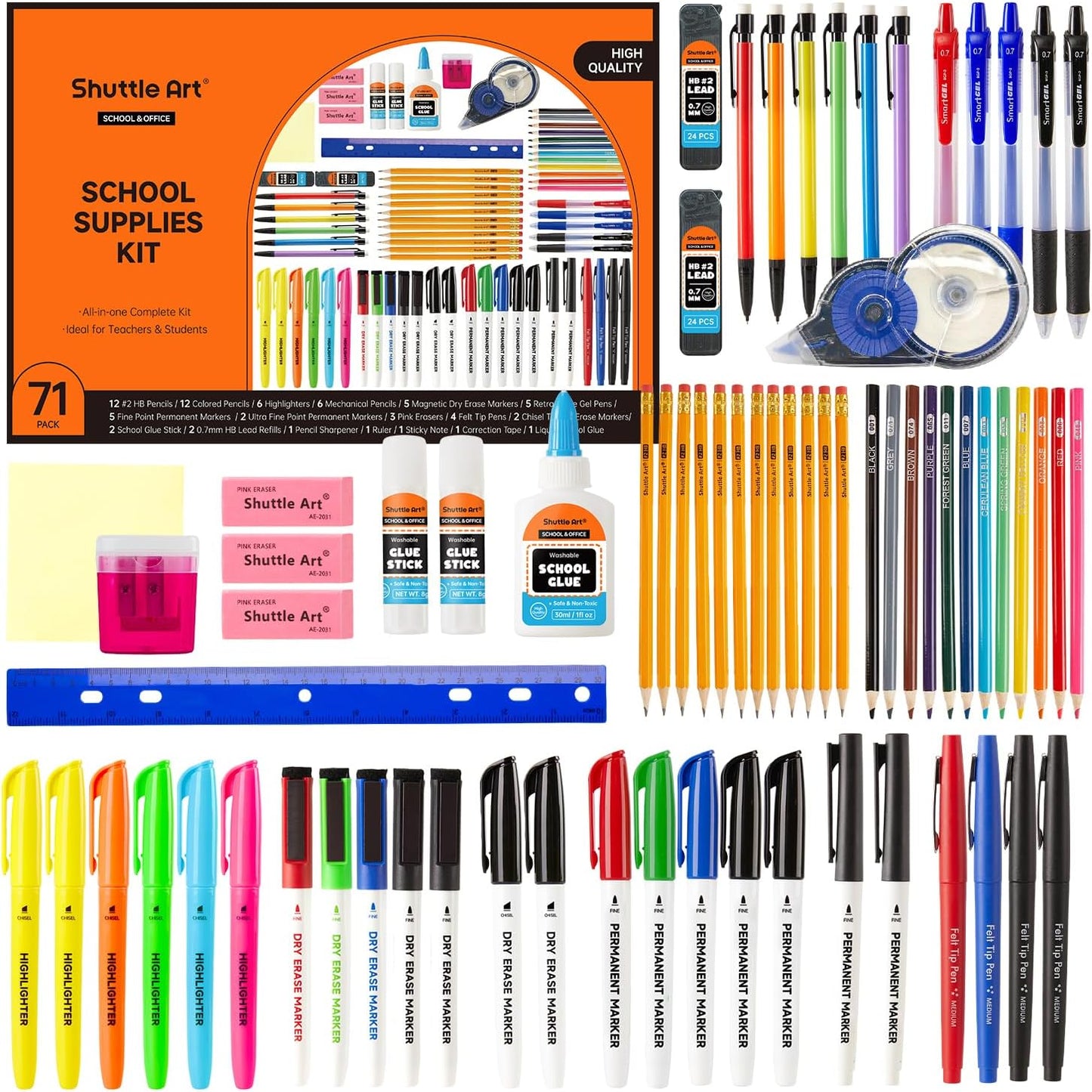 Back to School Supplies (71 Pack) with Highlighters, Pencils, Gel Pens, Dry Erase Markers, Felt Tip Pens, Glue