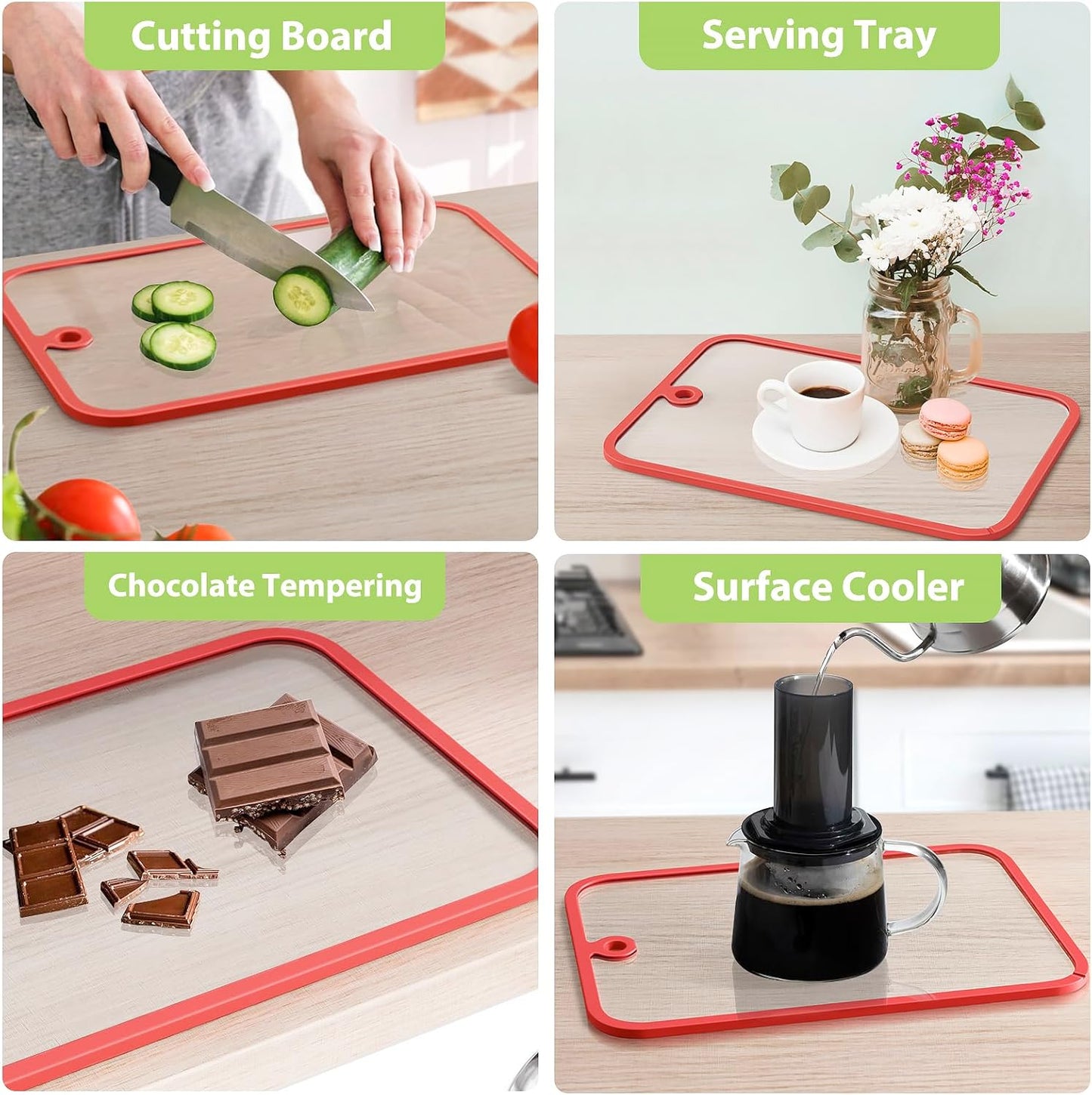 Cutting Board, Freshmage Glass Cutting Boards for Kitchen, 2Pcs Chopping Board Set with Non-Slip Edges & Hanging Hole, Dishwasher- Safe Clear Cutting Board for Countertop, Meal Prep & Serving