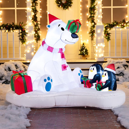(6 FT) Long Christmas Inflatable Decoration Polar Bear & Penguins w/ Build-in LEDs, Blow Up Inflatable Holiday Season Decoration