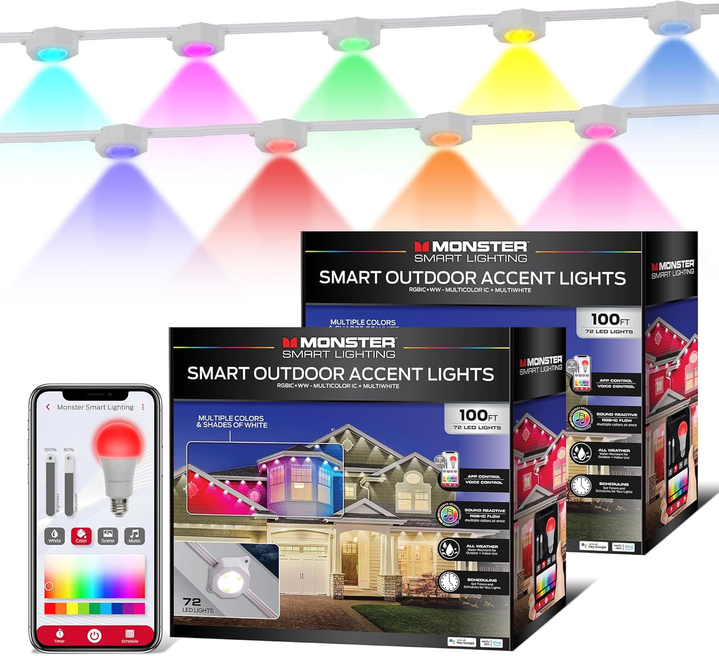 Monster Smart Permanent Outdoor Lights, 200ft, 144 LED Eaves Lights, RGB+IC+WW, Weather & Water Resistant, App & Voice Control, Compatible with Alexa & Google, Halloween, Christmas, Year-Round