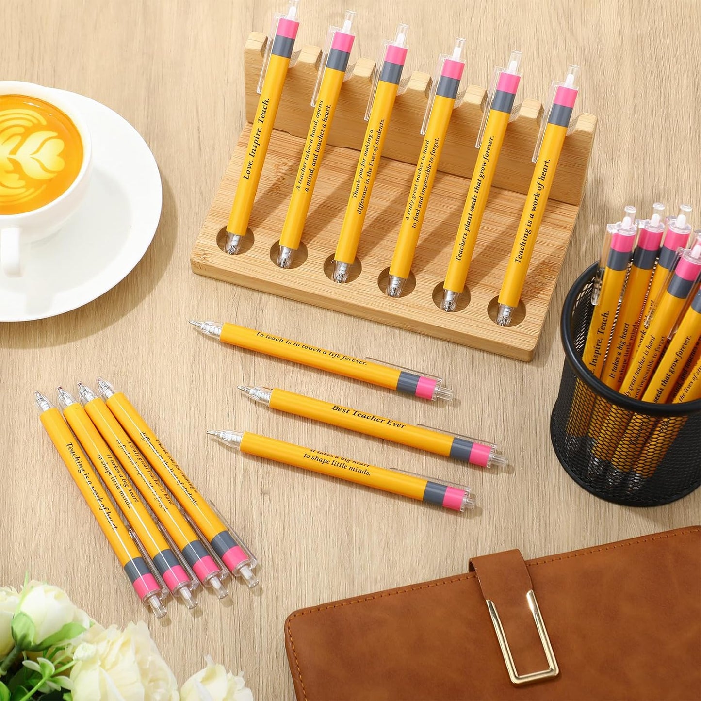 50 Pcs Back to School Teachers Pens Bulk Teacher Appreciation Gifts Inspirational Yellow Retractable Ballpoint Pens for Coworker Staff Thank You Gifts Office Writing Stationary Supplies
