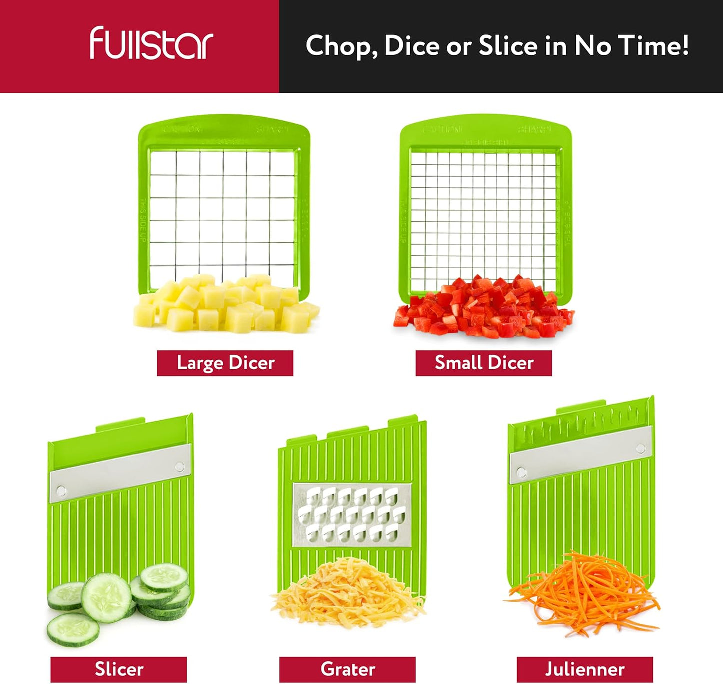Hachoir à légumes et mandoline tout-en-un Fullstar pour cuisine - Râpe à fromage, coupe-frites, trancheuse à fromage - Spiraliseur manuel bonus inclus (6 en 1, gris/vert)