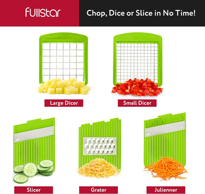 Fullstar Alles-in-1 Groentesnyer en Mandolien vir Kombuis - Kaasrasper, Fransebraai-snyer, Kaassnyer - Bonus Handheld Spiralizer Ingesluit (6 in 1, Grys/Groen)