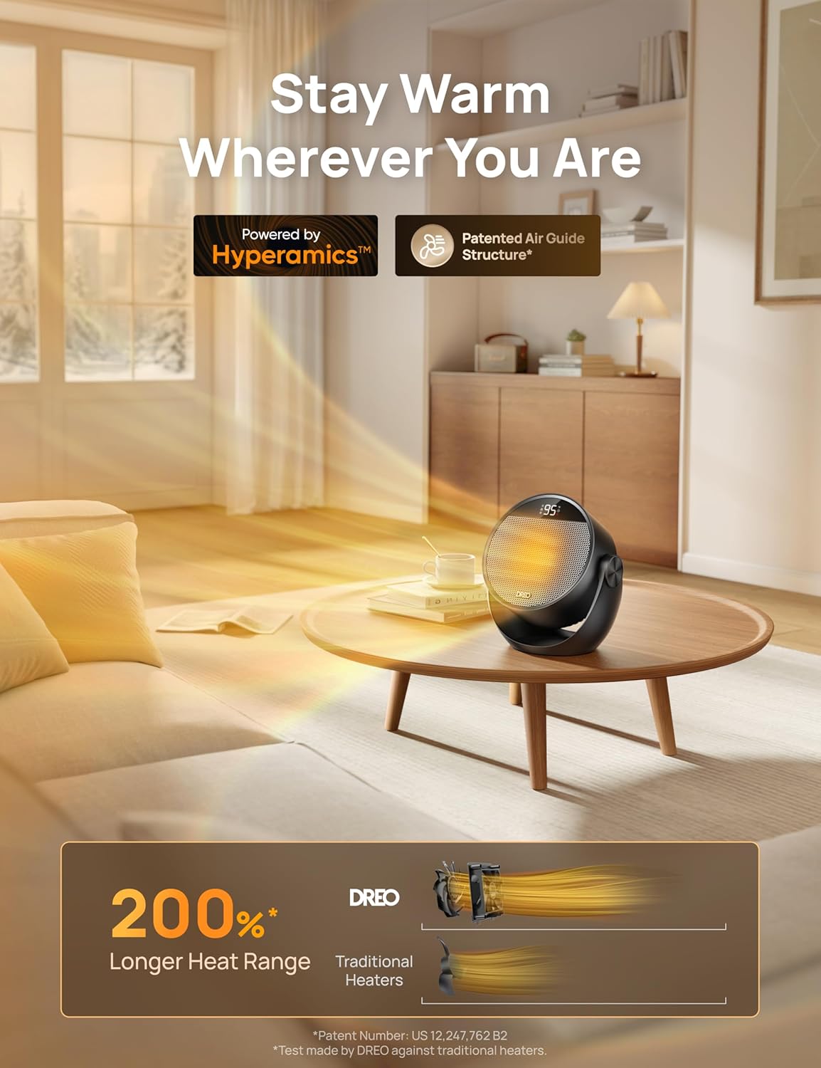 Ruimteverwarmer 1500W, 60° Verstelbare Kanteling, 3.2m/s Draagbare Elektriese Verwarmers vir Binnegebruik m/ Termostaat, 8 Veiligheidsbeskermings, 3 Modusse, Afstandbeheer - Swart
