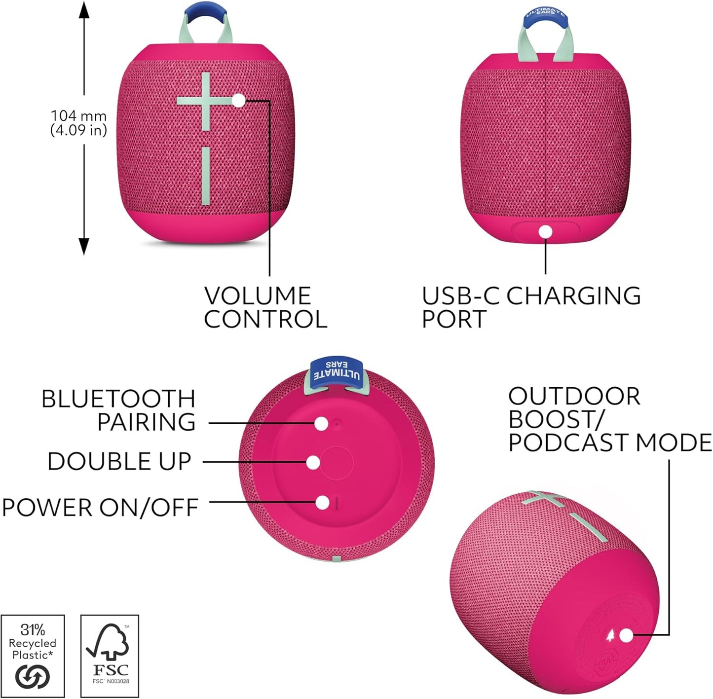 Ultimate Ears WONDERBOOM 4 Outdoor Speakers Bluetooth Waterproof with Big Bass & 360-Degree Sound, Dustproof Floating Wireless Speaker, 131ft Range - Pink