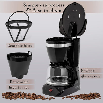 Mixpresso 10-Koppie Drupkoffiemaker, Swart Koffiepot Met Herbruikbare Filter