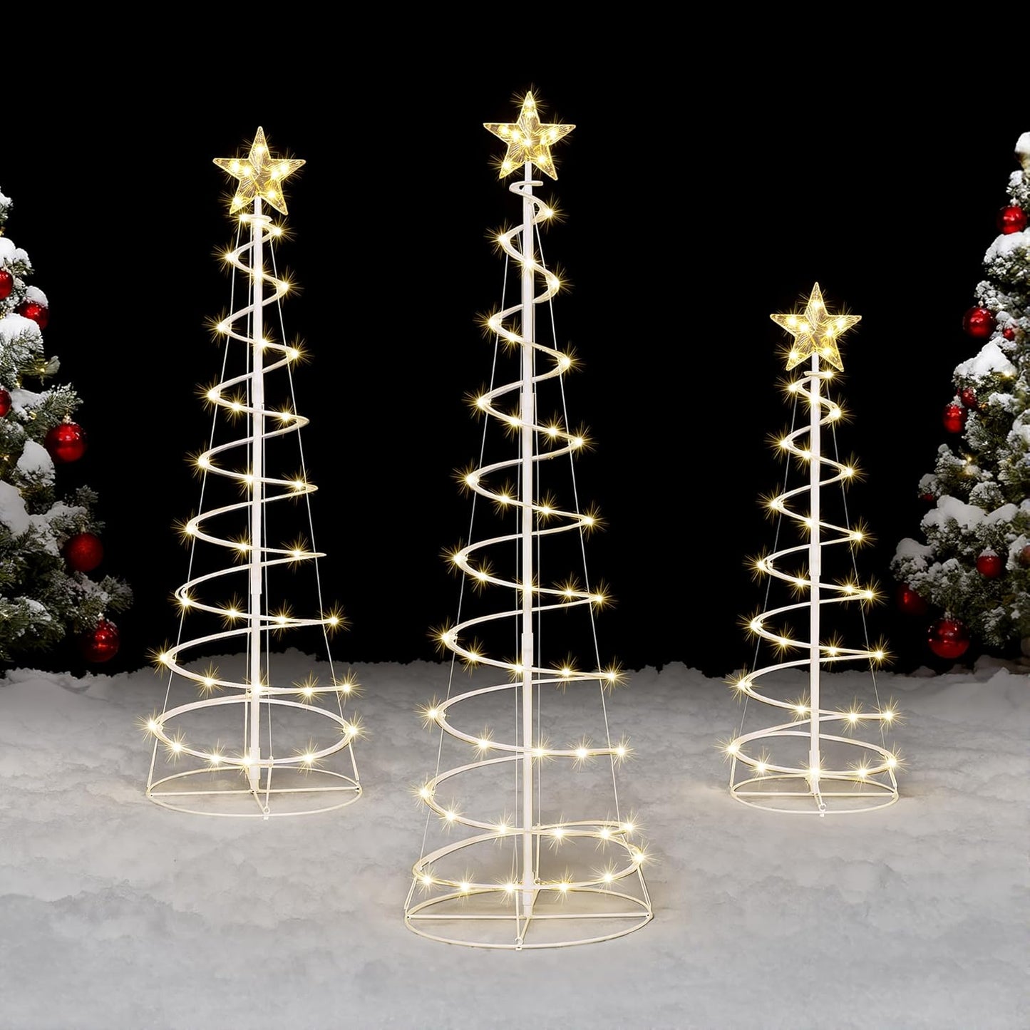 (3 Pack) Spiral Christmas Tree Lights, 218 LED Outdoor Lighted Tree with Star Topper & Stakes, Christmas Decorations - Warm White