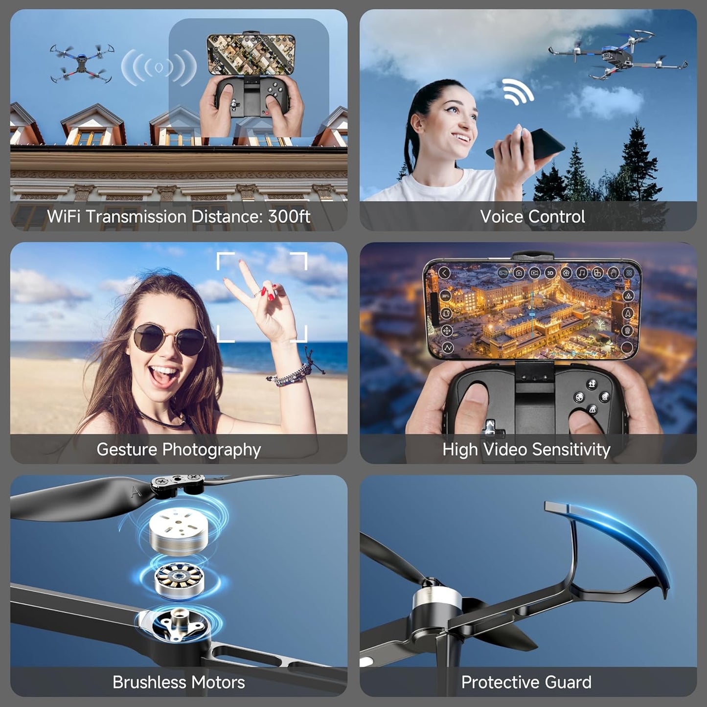 Drones w/ Camera 4K Brushless Motor for Beginners, FPV Foldable RC Quadcopter w/ Propeller Guards - 130° Lens, WiFi, Voice Control