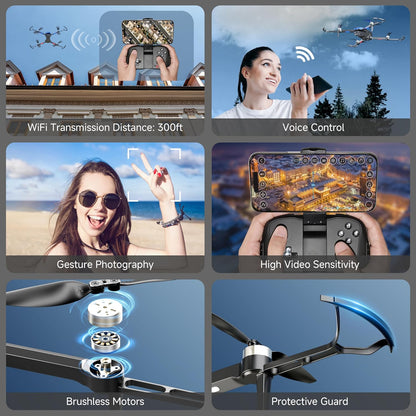 Drones w/ Camera 4K Brushless Motor for Beginners, FPV Foldable RC Quadcopter w/ Propeller Guards - 130° Lens, WiFi, Voice Control