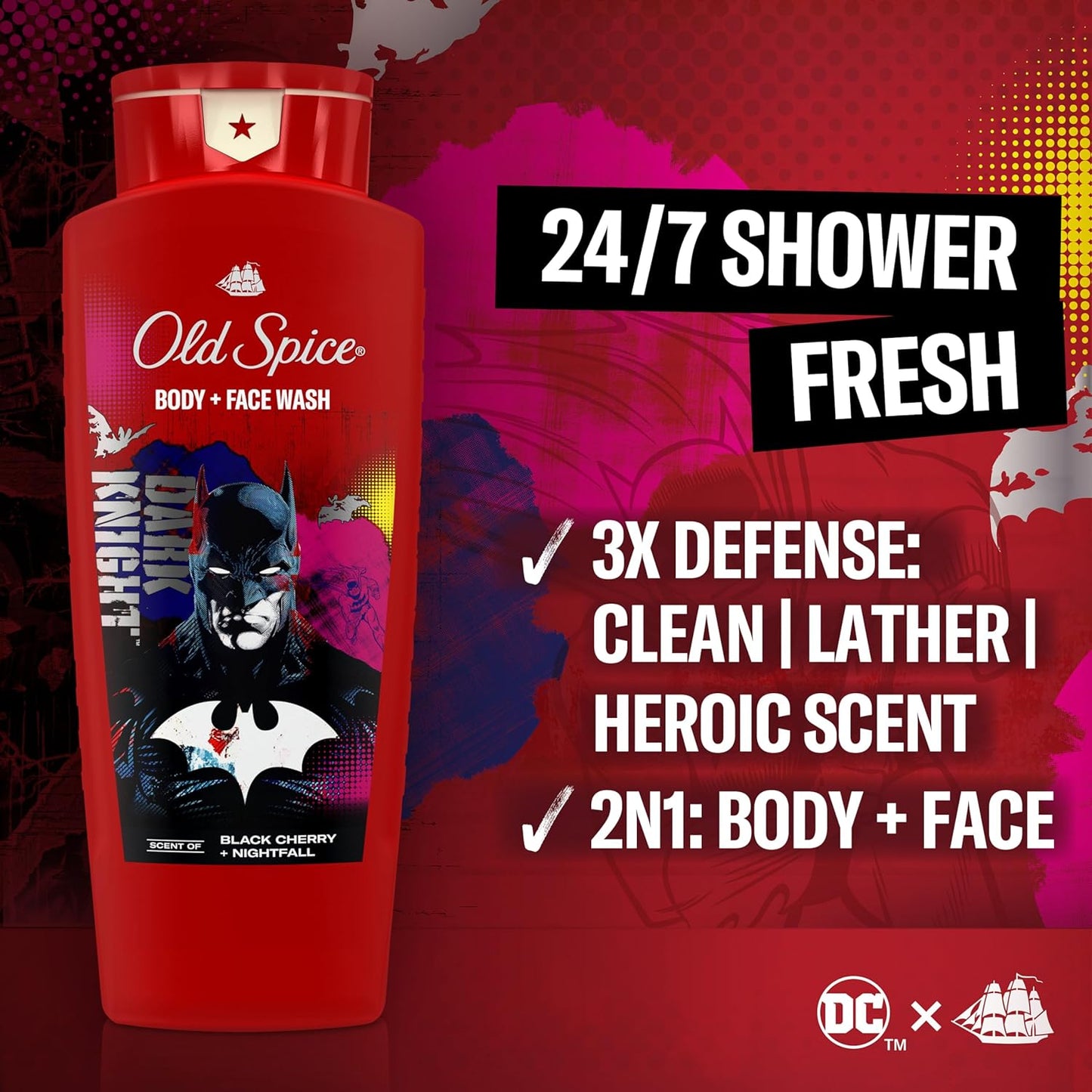 Old Spice Body Wash for Men 3X Defense, 24/7 Shower Fresh with Lasting Scent, Cleansing 2-in-1 Body & Face Wash (Black Cherry and Nightfall Scent) 24 oz