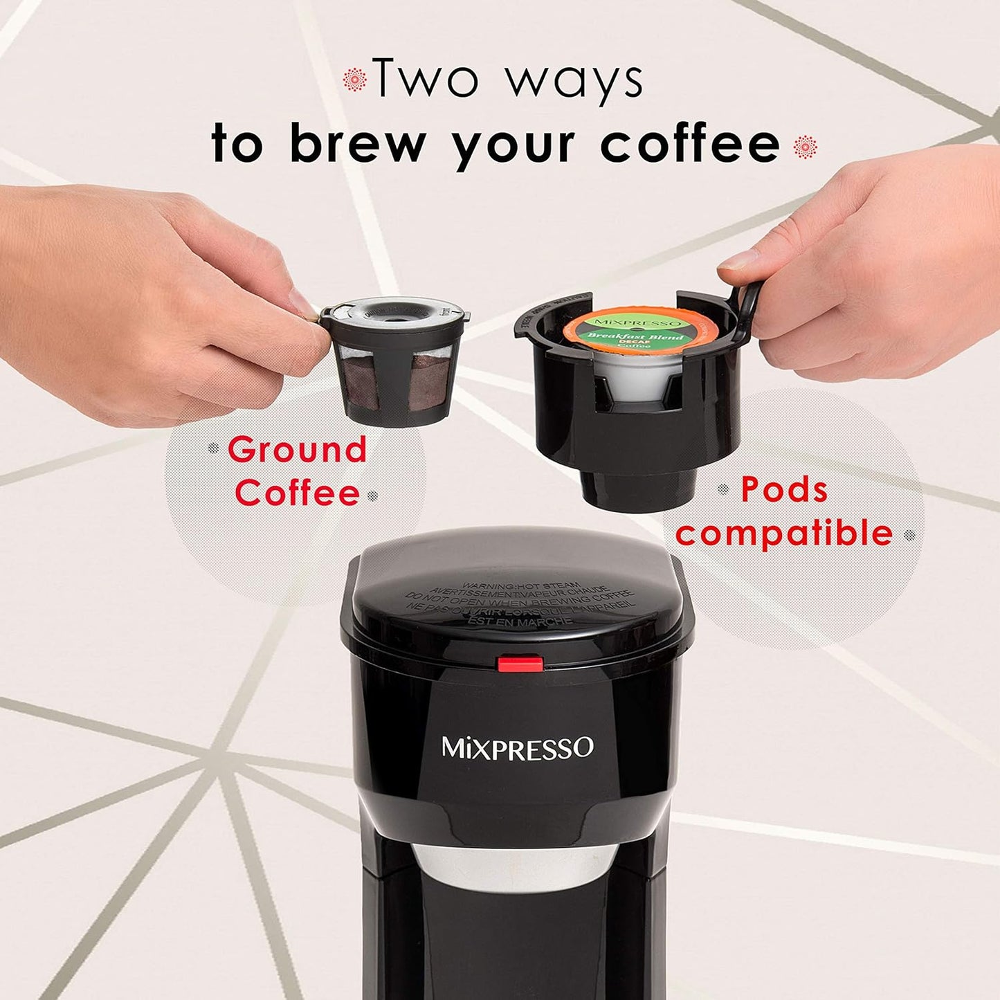 Mixpresso 2-in-1 Koffiemaker – Enkelbedien- en Filterkoffiebrouer, Kompakte Persoonlike Koffiemasjien vir Peule en Los Koffie, Vinnige Brou 414 ml Draagbare Klein Koffiemaker, Swart