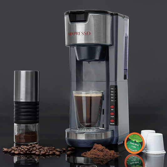 Mixpresso Grys Enkelbedien Koffiebrouer K-Cup Peule Versoenbaar & Gemaalde, 30 oz Kompakte Koffiemaker Enkelbedien Met 5 Brougroottes Tot 14 Oz, Pas Reismok, Verstelbare Drupbak