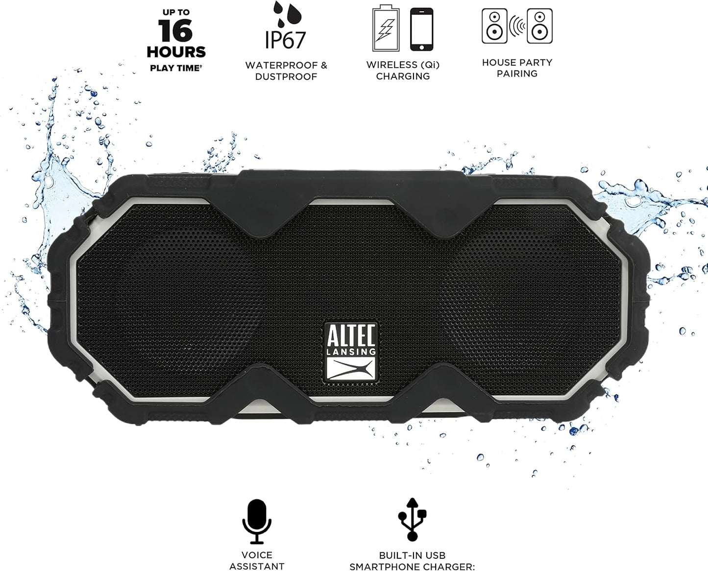 Altec Lansing Mini LifeJacket Jolt Bluetooth-luidspreker met Qi, draadloos, waterdig, draagbaar, luidsprekers, harde volume, sterkte bas, ryk stereostelsel, mikrofoon, 16 uur battery, 30 m reikafstand, grys