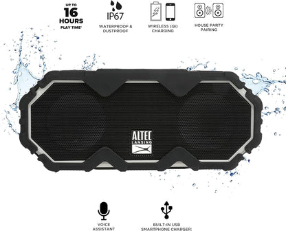 Altec Lansing Mini LifeJacket Jolt Bluetooth-luidspreker met Qi, draadloos, waterdig, draagbaar, luidsprekers, harde volume, sterkte bas, ryk stereostelsel, mikrofoon, 16 uur battery, 30 m reikafstand, grys
