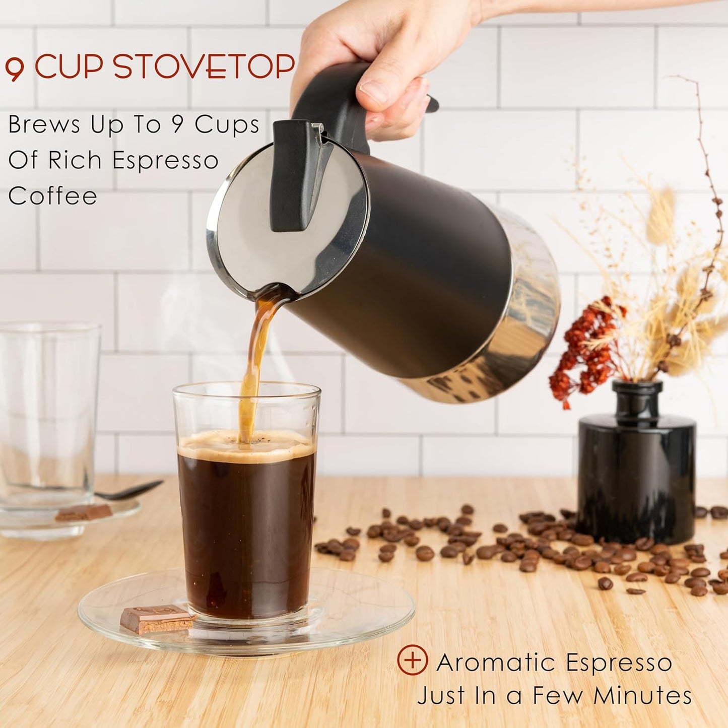 Mixpresso Swart 9 Koppie Greca Stofplaat-Espressopot 450ml/15oz, Mokapot met Koffieperkolator-ontwerp, Vlekvrye Staal Stofplaat-Koffiemaker vir Kamp- of Tuisgebruik, Italiaanse Stofplaat-Espressomaker