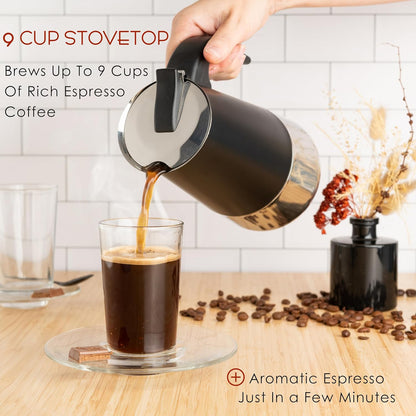 Mixpresso Swart 9 Koppie Greca Stofplaat-Espressopot 450ml/15oz, Mokapot met Koffieperkolator-ontwerp, Vlekvrye Staal Stofplaat-Koffiemaker vir Kamp- of Tuisgebruik, Italiaanse Stofplaat-Espressomaker