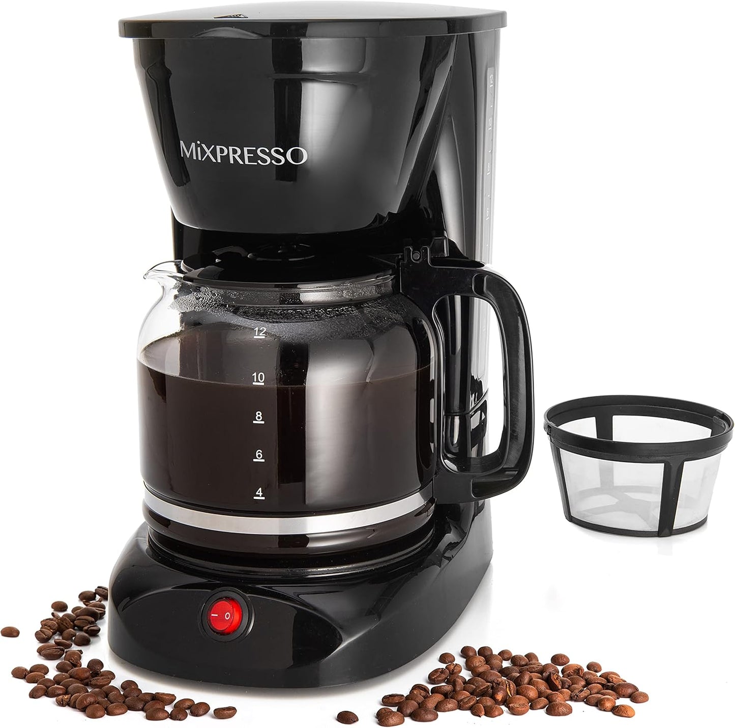 Mixpresso 12 Koppie Koffiepot, Outo-afskakeling en Herbruikbare Filter, Groot Drupkoffiemaker 12 Koppie Borosilikaatglas Karaf, Anti-Drup Koffiemasjien Waterpeilvenster, Swart Elektriese Koffiemaker