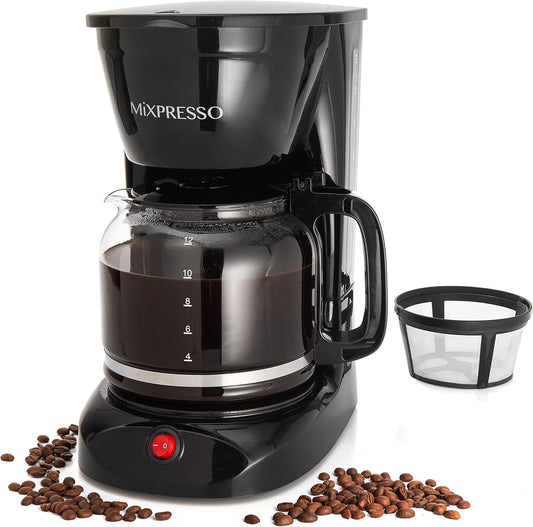 Mixpresso 12 Koppie Koffiepot, Outo-afskakeling en Herbruikbare Filter, Groot Drupkoffiemaker 12 Koppie Borosilikaatglas Karaf, Anti-Drup Koffiemasjien Waterpeilvenster, Swart Elektriese Koffiemaker