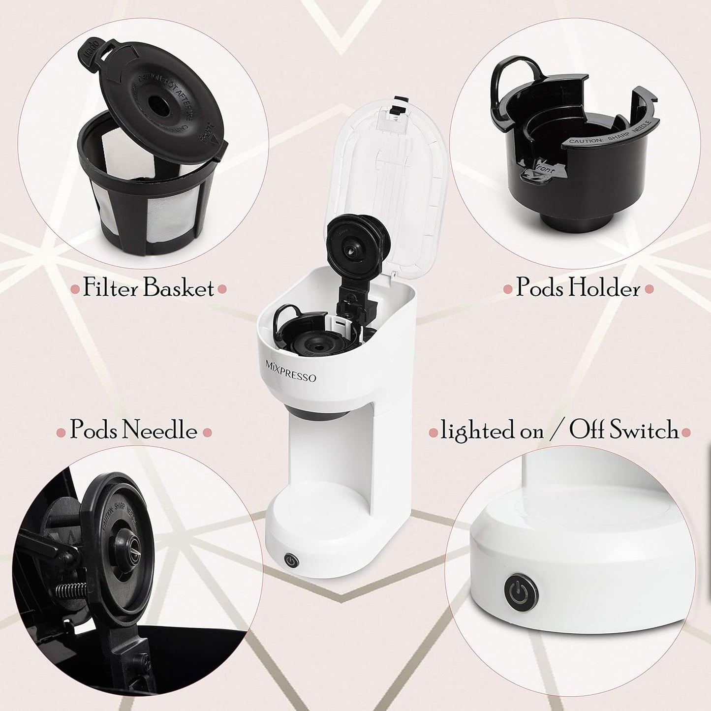 Mixpresso 2-in-1 Koffiemaker vir K-kapsule en Gemaalde Koffie, Enkelbedieningskoffiemaker, Kompakte Grootte Mini Koffiemaker Vinnige Brou Tegnologie 400ml Wit Enkelkoppie Koffiemaker