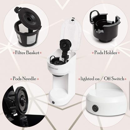 Mixpresso 2-in-1 Koffiemaker vir K-kapsule en Gemaalde Koffie, Enkelbedieningskoffiemaker, Kompakte Grootte Mini Koffiemaker Vinnige Brou Tegnologie 400ml Wit Enkelkoppie Koffiemaker