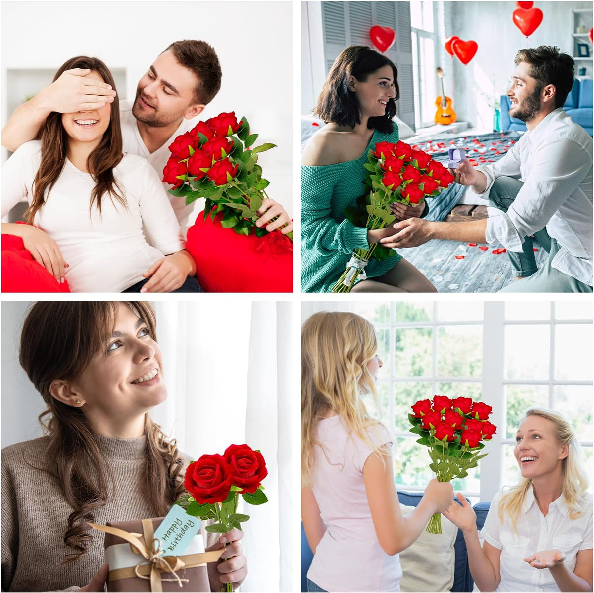 50 PCS Bulk Artificial Flowers, Fake Velvet Silk Red Roses with Long Stems