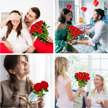 50 PCS Bulk Artificial Flowers, Fake Velvet Silk Red Roses with Long Stems