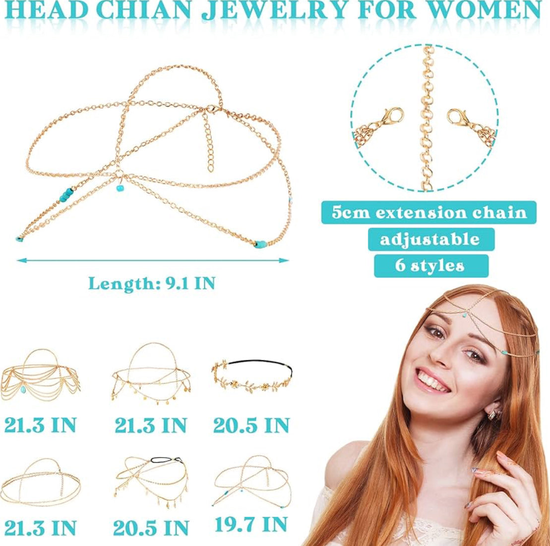 6 Stuks Goue Kopketting Juweliersware Boho Bruidshoofstuk Turkoois Kwassie Hoofbande Boho Haarbykomstighede vir Vroue en Meisies