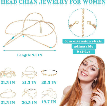 6 Stuks Goue Kopketting Juweliersware Boho Bruidshoofstuk Turkoois Kwassie Hoofbande Boho Haarbykomstighede vir Vroue en Meisies