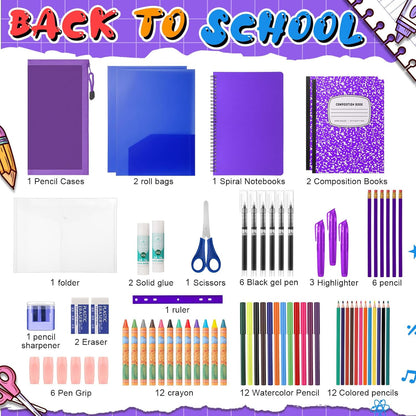 Back to School Supplies Essentials (39 PCS) Bundle Include Pencils Scissors Ruler Eraser Crayon Sharpener Notebook Pencil Case Folder Notebook(Purple)