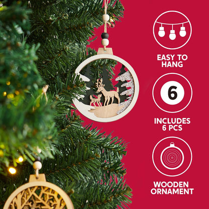 (6PCS) Christmas Wooden Ornaments  Farmhouse Rustic Reindeer, Hanging Wood Ornaments - Rustic