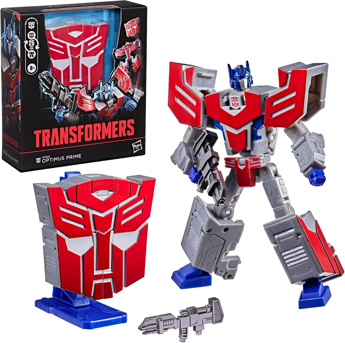 Transformers Icons Optimus Prime 6.75-Inch Voyager Class Action Figure that Converts to Autobot Logo Symbol, Display Stand, Robot Toys for Ages 8+