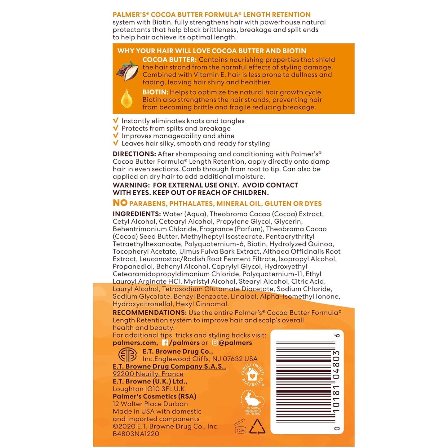 Palmer's Cocoa Butter & Biotin Length Retention Leave-In Conditioner, Strengthen, Minimize Frizz and Detangle Hair, Suitable for All Curly Hair (8.5 0z)