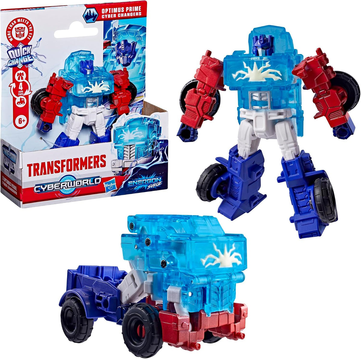 Transformers CYBERWORLD Optimus Prime Cyber Changers Energon Surge 4-Inch Action Figure Quick Change to Truck Mode - Robot Toys (Kids 6+)